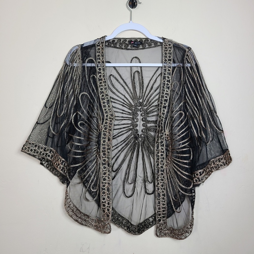 Black Gold Embroidered Sheer Womens S/M Shrug Art‎ Deco Mesh Gatsby 1920s Boho